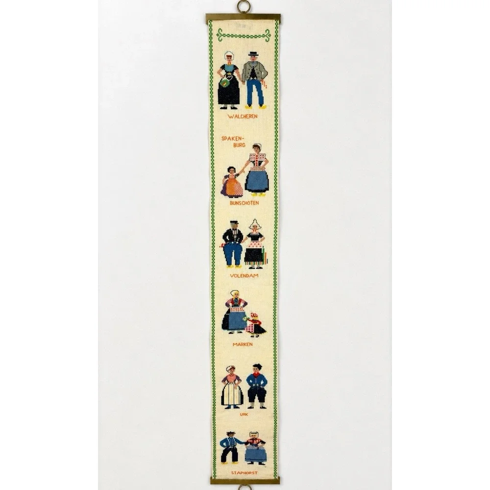Vintage Dutch Needlepoint Bell Pull Wall Hanging Folk Costume Sampler 45in #12